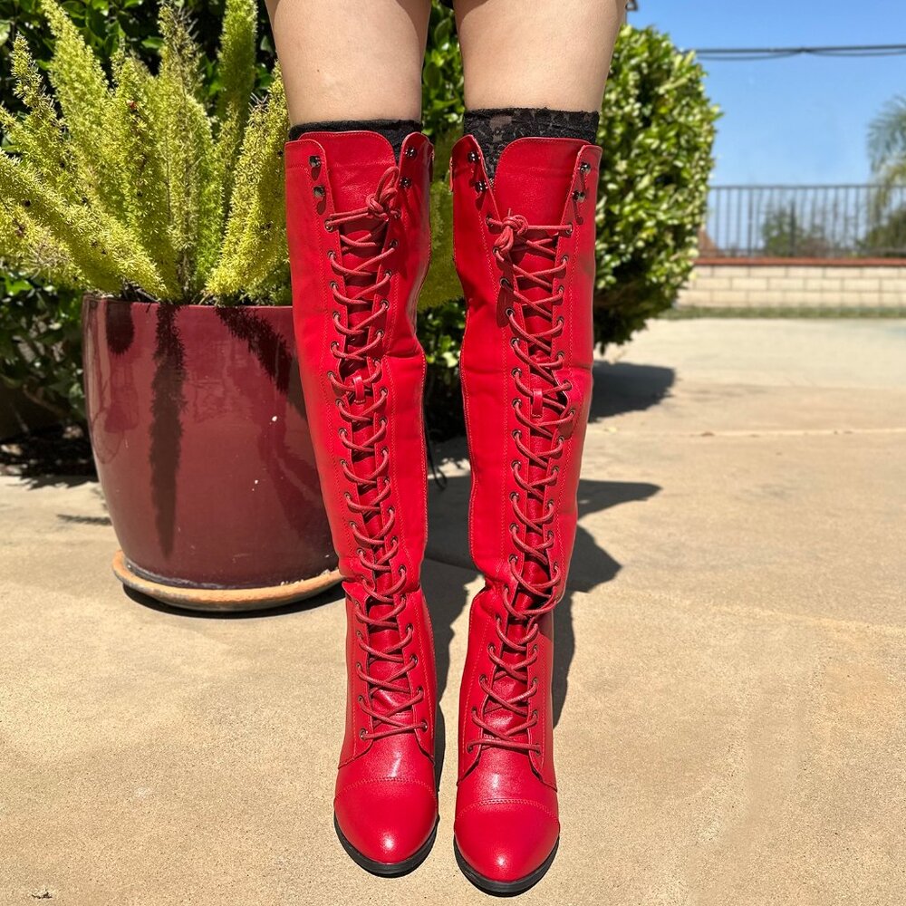 NEW Red Lace Up Over The Knee Combat Gothic Boots Block High Heel Faux Leather 8